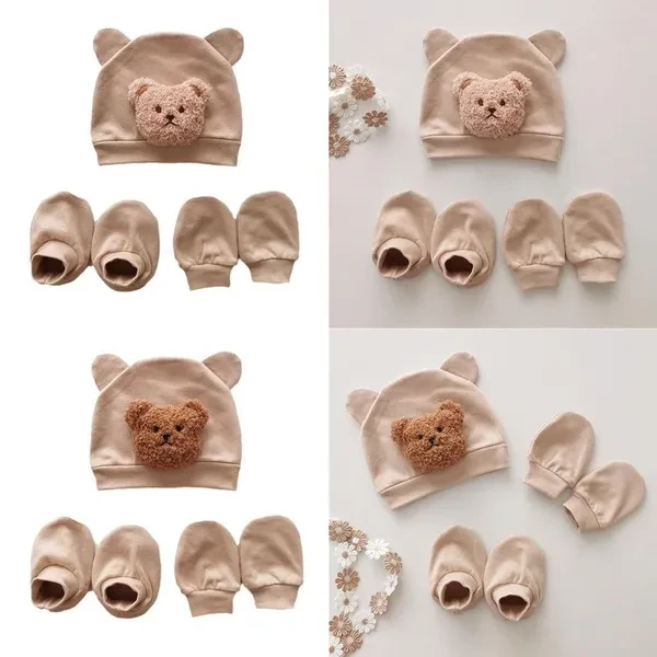 Newborn Baby Hat Plush Bear Bonnet & Anti Scratch Gloves and Socks Solid Color Photography Props and Accessories Gift VCZ