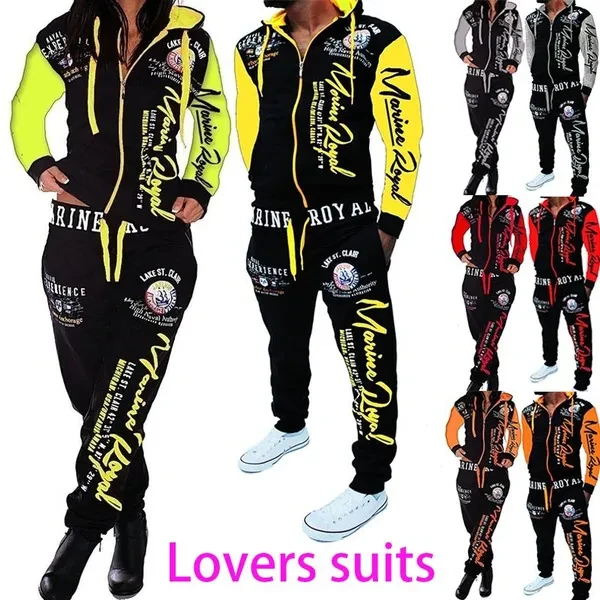New Style Couple men's and Women's Contrasting Colors Sports Suit Hoodies and Pants Set