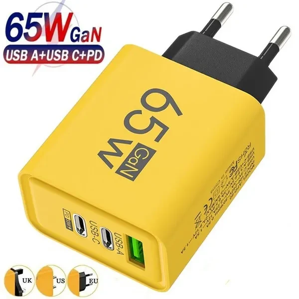 Elough 65W Mobile Phone Chargers USB C PD QC3.0 3 Ports GaN Quick Charging Cellphone Charger Dual Type C Data Cables for Phone Laptop