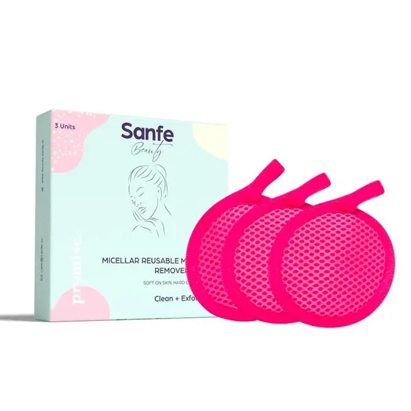 Sanfe Beauty Micellar Pack of 3 | 2 in 1 Reusable Makeup Remover and Face Exfoliating Pads | Effectively & Gently Removes and Exfoliates Face & Eye Makeup | Suitable for All Skin Types