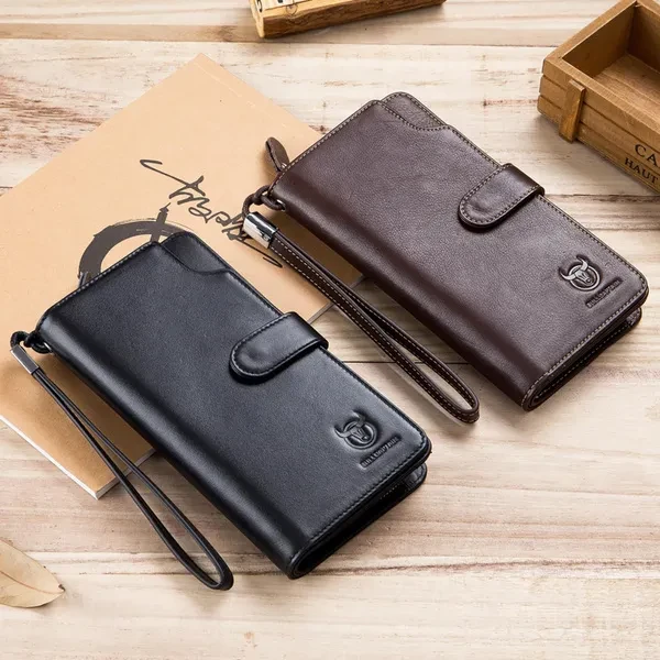 High Quality Long Wallets for Men Genuine Leather Clutch Purse RFID Blocking Three Fold Wallet Zipper Holder Wrist Bag with ID Window Coin Pocket
