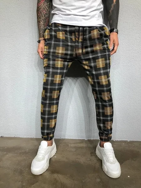 New Pop Fashion Men Plaid Casual Pants Joggers Slim Fit Skinny Casual Pencil Trousers