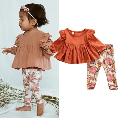 2PCS Newborn Toddler Baby Girls Autumn Outfits Ruffle Dress Top Floral Pants Leggings Clothes Set