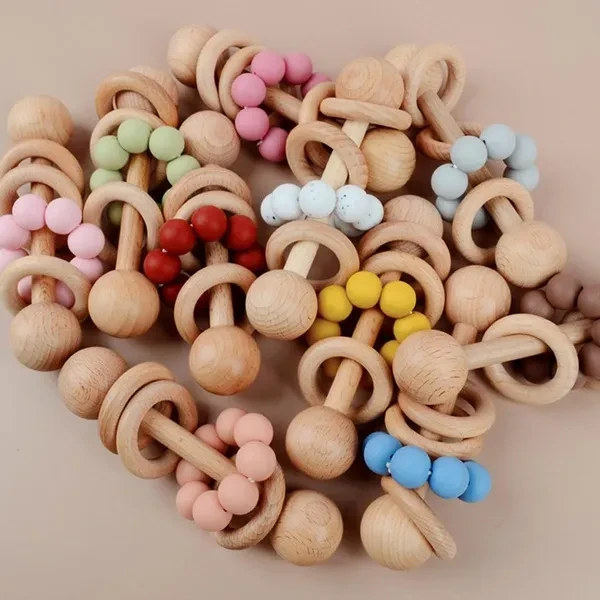 Baby Wooden Rattle Grip Toy Baby Teething Toy Hand Bells Toy for Hearing Sensory Stimulation Nursing Gift ZHE