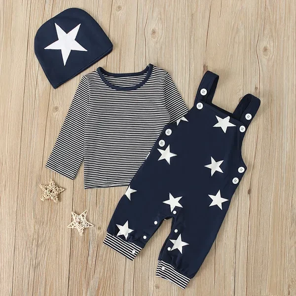 3PCS/Set Baby Toddler Boys Gentleman Suits:Long Sleeve Striped Tops + Bib Pants + Beanies Hat Outfits Clothes