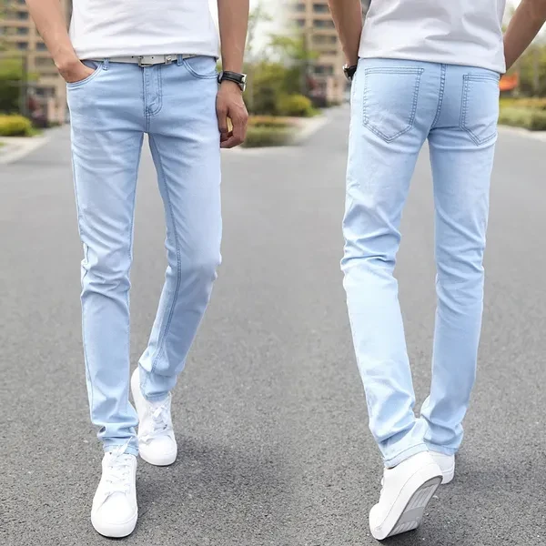Men Elastic Casual Straight Jeans Mid Cowboy Pants Skinny Blue Men Brand Jeans Stretch Jeans Men