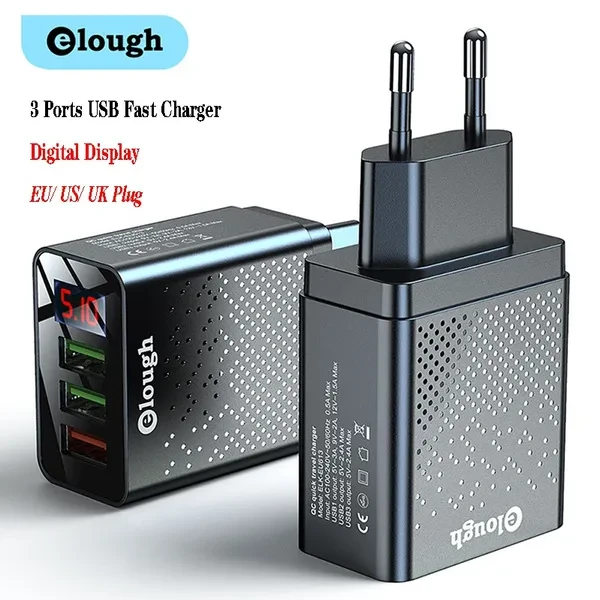 Elough 3-Ports Digital Display Quick Charger USB Fast Charger Mobile Phone USB Charging Adapter for Huawei Xiaomi for Samsung and Other Phones