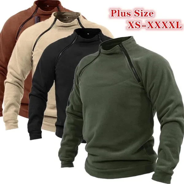 Men's Fashion Winter Warm Fleece Double Half Zippers Pullover Sweatshirt Tactical Winter Outdoor Sports Coat