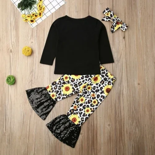 3pcs Toddler Baby Girl Leopard Outfit Little Sister T-Shirt Tops Sunflower Flares Pants Bell-Bottoms Headband Clothes