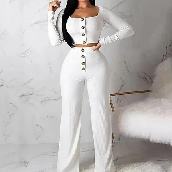 2pcs Women Fashion Long Sleeve Slim Knitting Tops + Straight Pants Women Clothing Set