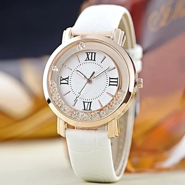 Women Fashion christmas gift Luxury Leisure Auger Leather Aanlog Stainless Steel Quartz Watch