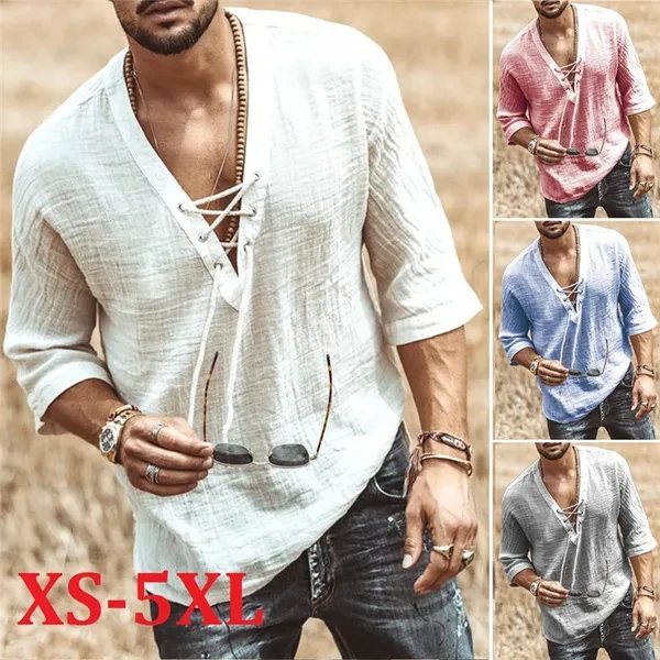 Fashion New Arrive Summer Men Shirts Casual Man Linen Tops for Man Loose Viking Shirt Vintage Solid Color Medieval T Shirt(7 Colors)