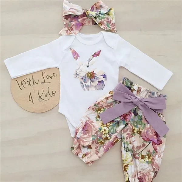 Newborn Infant Baby Girls 2PCS Clothes Set Romper Tops Floral Long Pants Headband Outfits 0-18M