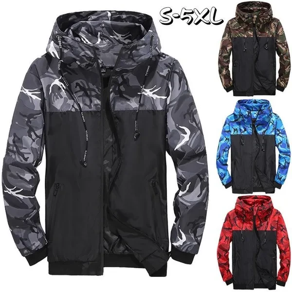 Men's Jacket Spring and Autumn Camouflage Coat Male's Casual Thin Hooded Zippered Jacket Youth Fashion Hooded Coat Plus Size S-5XL