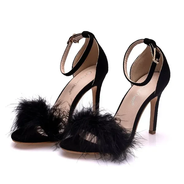 Women Summer Shoes Fluffy Peep Toe Stilettos High Heels Shoe Woman Fur Feather Lady Wedding Sandals large size 42