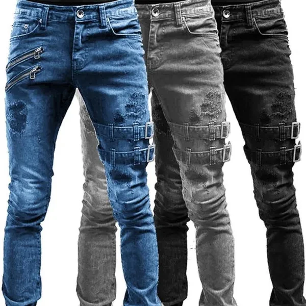 Men's Fashion Motorcycle Jeans Vintage Slim Jeans Casual Street Style Hip Hop Ripped Jeans Retro Denim Jeans Stretch Pencil Pants