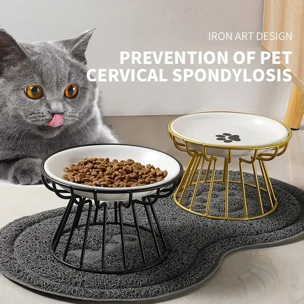Pet Cats Food Bowl with Stand Protect Pet Neck Anti-slip Dog Food Bowl with Iron Overhead Stand Ceramic Printed Pet Feeder Indoor Pet Care