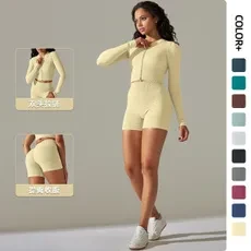 Cross-Border European And American Seamless Solid Color Thread Long-Sleeve Zipper T-Shirt Yoga Clothes Suit Sports Running Workout Outfit Suit Women