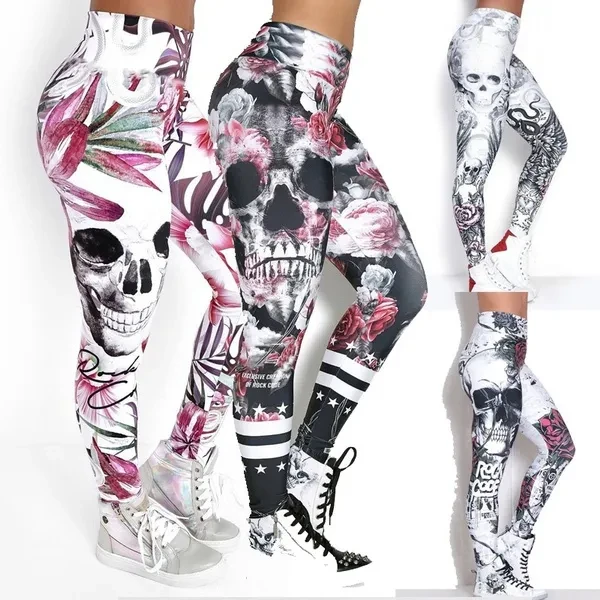Women Fashion Leggings Halloween Skull Leggings Skinny Slim Yoga Pants Elastic Waist Pant