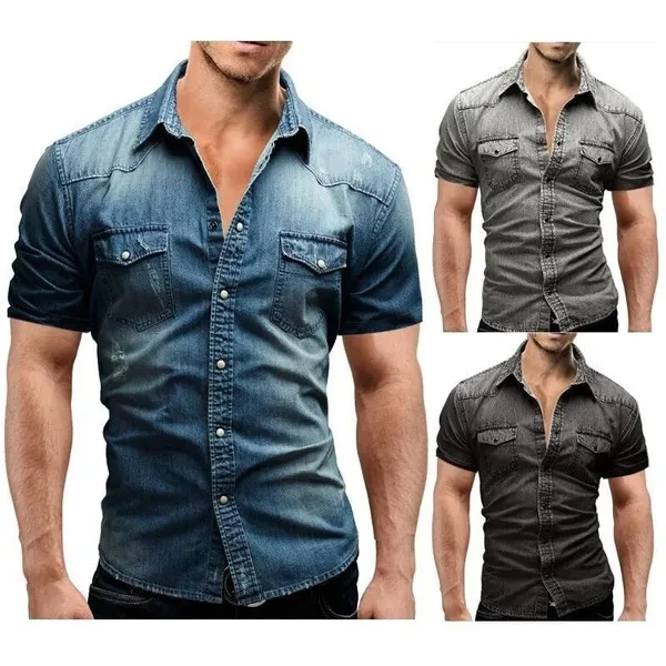 New Mens Casual Shirts Slim Fit Short Sleeves Dress Denim Shirts Jeans Tops