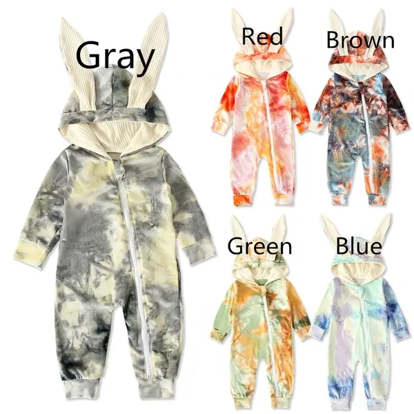 Infant Baby Girl Boy Clothes Cute 3D Bunny Ear Tie Dye Romper Jumpsuit Playsuit Autumn Winter Warm Bebes Rompers