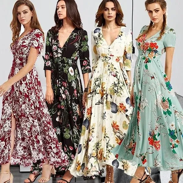 Womens Fashion Bohemian V Neck Print Big Swing Long Dress Plus Size
