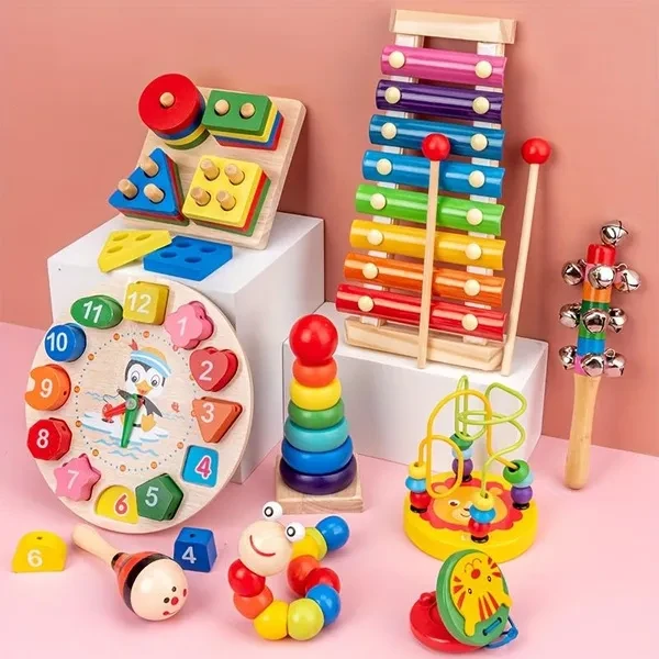 Early Educational Wooden Toys Set with Winding Beads and Musical Instruments