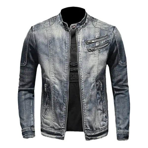 Men's Fashion Denim Jacket Casual Retro Denim Tops Stand Collar Zipper Jacket Cycling Motorcycle Suit Spring and Autumn Denim Jacket for Men