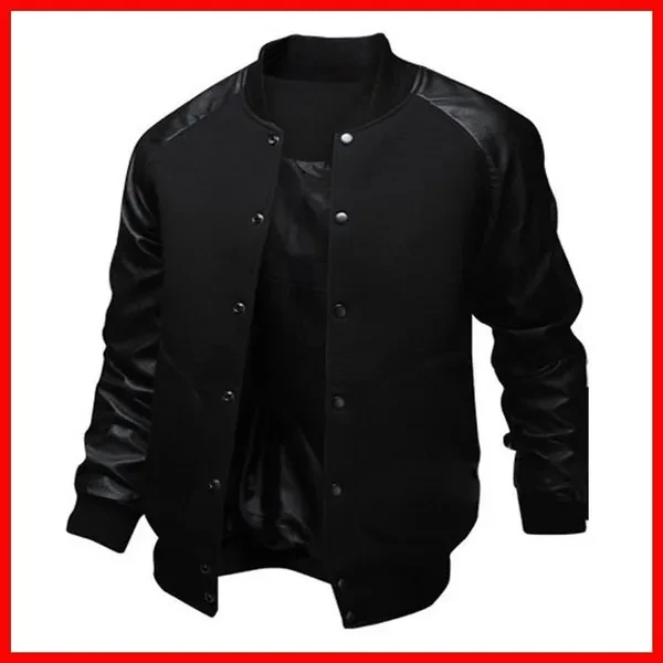 Men's Leather Sleeve Jacket Fashion Spring Autumn Outerwear Stand Collar Baseball Jacket Casual Coat