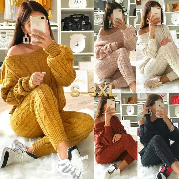 5 Colors 2PCS Women Solid Sweater Suit and Sets Casual Knitted Sweaters Pants Woman Casual Knitted Trousers+Jumper Tops Clothing Set