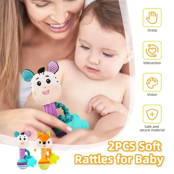 Baby rattles 0-6 months, Set of 2 rattles for babies 0-6 months, Soft Stuffed Animal Rattle Hand Grip Baby Toys, baby rattle Shaker Crinkle Squeaky Sensory Travel Accessories for 0 3 6 9 12 Months old